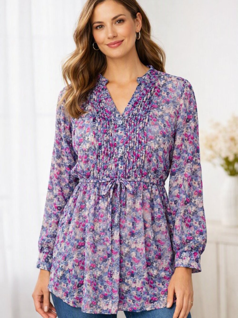 A.N.A. A New Approach Women’s XL Tunic Blouse – NWOT – Blue Purple Floral – XL